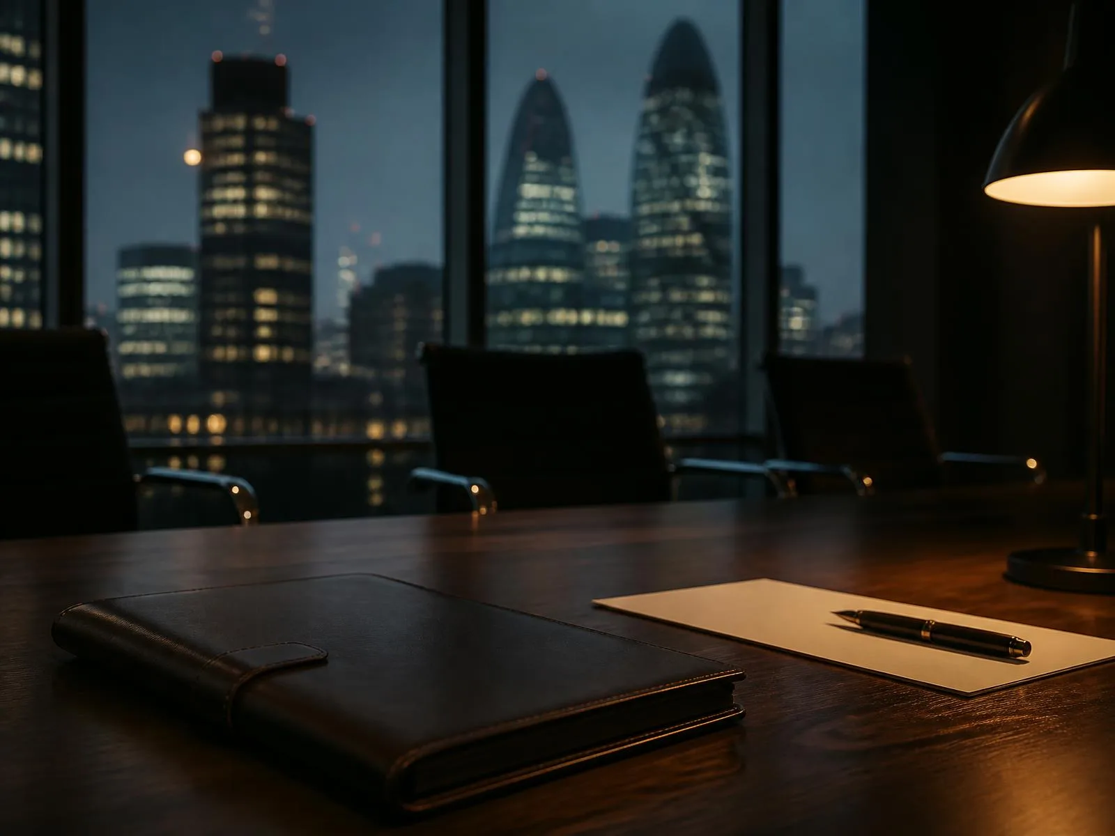 A leather folio, paper and pen on a dark meeting room table, lit by a lamp with the City of London at blue hour beyond the glass.